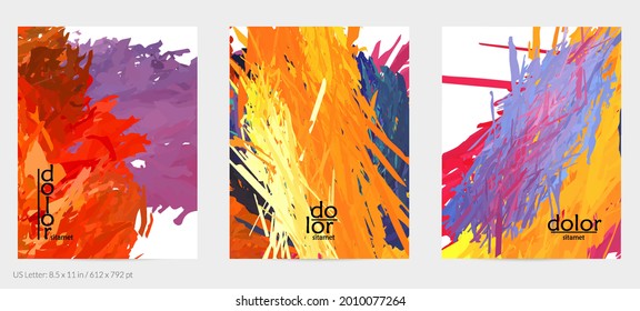 Abstract vector flyer. Colorful brush stoke of digital watercolor paint. Dimensional rainbow layered feather  texture. Creative artistic advertising event template. Bright rough scribble uneven shapes