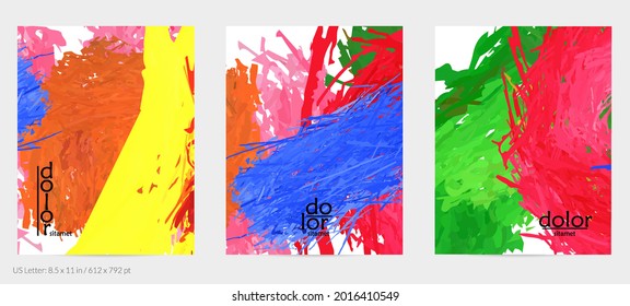 Abstract vector flyer. Colorful brush stoke of digital watercolor paint. Dimensional rainbow layered feather  texture. Creative artistic advertising event template. Bright rough scribble uneven shapes