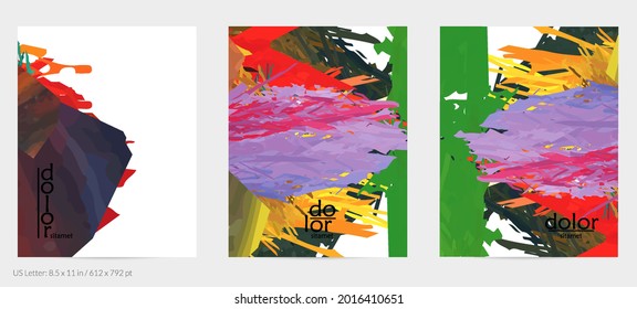 Abstract vector flyer. Colorful brush stoke of digital watercolor paint. Dimensional rainbow layered feather  texture. Creative artistic advertising event template. Bright rough scribble uneven shapes