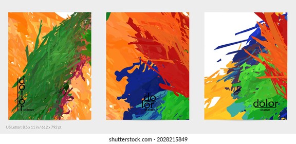 Abstract vector flyer. Colorful brush stoke of digital watercolor paint. Dimensional rainbow layered feather  texture. Creative artistic advertising event template. Bright rough scribble uneven shapes