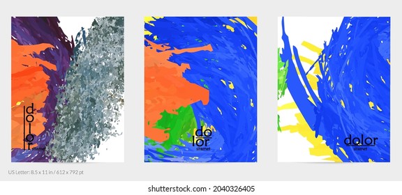 Abstract vector flyer. Colorful brush stoke of digital watercolor paint. Dimensional rainbow layered feather  texture. Creative artistic advertising event template. Bright rough scribble uneven shapes