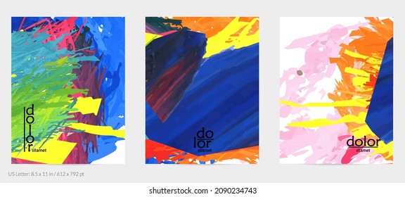 Abstract vector flyer. Colorful brush stoke of digital watercolor paint. Dimensional rainbow layered feather  texture. Creative artistic advertising event template. Bright rough scribble uneven shapes