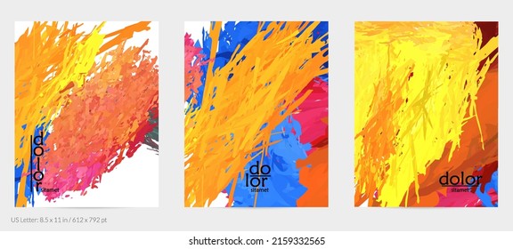 Abstract vector flyer. Colorful brush stoke of digital watercolor paint. Dimensional rainbow layered feather  texture. Creative artistic advertising event template. Bright rough scribble uneven shapes