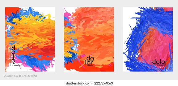 Abstract vector flyer. Colorful brush stoke of digital watercolor paint. Dimensional rainbow layered feather  texture. Creative artistic advertising event template. Bright rough scribble uneven shapes