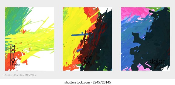 Abstract vector flyer. Colorful brush stoke of digital watercolor paint. Dimensional rainbow layered feather  texture. Creative artistic advertising event template. Bright rough scribble uneven shapes