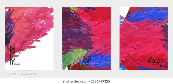 Abstract vector flyer. Colorful brush stoke of digital watercolor paint. Dimensional rainbow layered feather  texture. Creative artistic advertising event template. Bright rough scribble uneven shapes