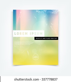 Abstract vector flyer / cover design template with old scratched vintage look. Old used weathered texture. Blurred soft photographic bokeh background