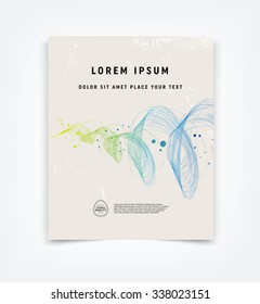 Abstract vector flyer / cover design template with old scratched vintage look. Old used weathered texture with colorful curly dynamic wave and a splatter