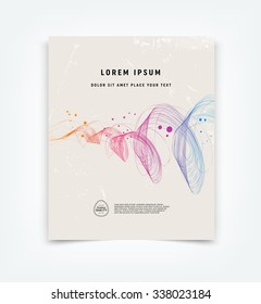 Abstract vector flyer / cover design template with old scratched vintage look. Old used weathered texture with colorful curly dynamic wave and a splatter
