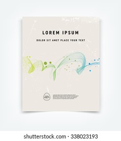 Abstract vector flyer / cover design template with old scratched vintage look. Old used weathered texture with colorful curly dynamic wave and a splatter