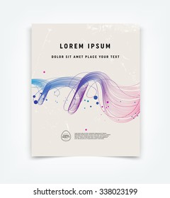 Abstract vector flyer / cover design template with old scratched vintage look. Old used weathered texture with colorful curly dynamic wave and a splatter