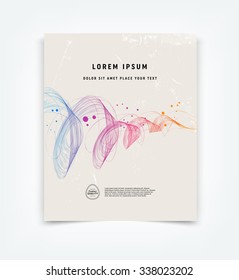 Abstract vector flyer / cover design template with old scratched vintage look. Old used weathered texture with colorful curly dynamic wave and a splatter