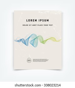 Abstract vector flyer / cover design template with old scratched vintage look. Old used weathered texture with colorful curly dynamic wave and a splatter