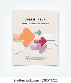 Abstract vector flyer / cover design template with old scratched vintage look. Old used weathered texture with colorful glossy rounded 3d arrows