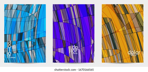 Abstract vector flyer template with futuristic multicolored wire frame geometric shapes. 3D mesh digital science model concept. Web technology cover design. Wavy lines and grid texture.