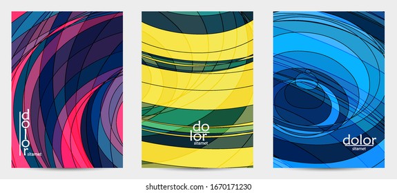 Abstract vector flyer template with futuristic multicolored wire frame geometric shapes. 3D mesh digital science model concept. Web technology cover design. Wavy lines and grid texture.