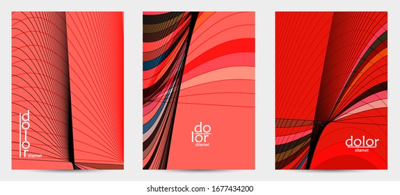 Abstract vector flyer template with futuristic multicolored wire frame geometric shapes. 3D mesh digital science model concept. Web technology cover design. Wavy lines and grid texture.