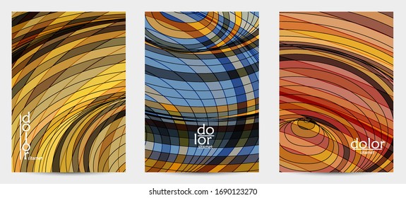 Abstract vector flyer template with futuristic multicolored wire frame geometric shapes. 3D mesh digital science model concept. Web technology cover design. Wavy lines and grid texture.