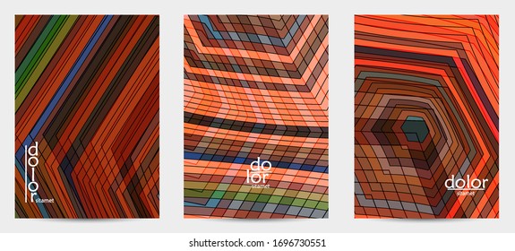 Abstrakte Vektorillustration Flyer-Vorlage mit futuristischen, mehrfarbigen Drahtrahmen-geometrischen Formen. 3D-Mesh-Digital-Science-Modell-Konzept. Design der Webtechnologie Wavy Linien und Gitterstruktur.
