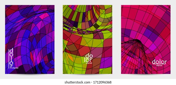 Abstract vector flyer template with futuristic multicolored wire frame geometric shapes. 3D mesh digital science model concept. Web technology cover design. Wavy lines and grid texture.