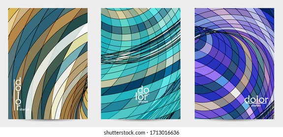 Abstract vector flyer template with futuristic multicolored wire frame geometric shapes. 3D mesh digital science model concept. Web technology cover design. Wavy lines and grid texture.