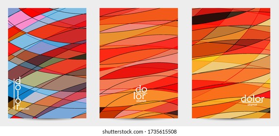 Abstract vector flyer template with futuristic multicolored wire frame geometric shapes. 3D mesh digital science model concept. Web technology cover design. Wavy lines and grid texture.