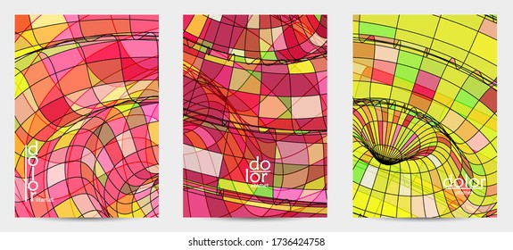Abstract vector flyer template with futuristic multicolored wire frame geometric shapes. 3D mesh digital science model concept. Web technology cover design. Wavy lines and grid texture.