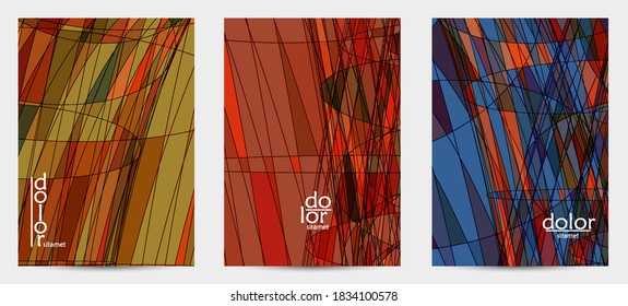 Abstract vector flyer template with futuristic multicolored wire frame geometric shapes. 3D mesh digital science model concept. Web technology cover design. Wavy lines and grid texture.
