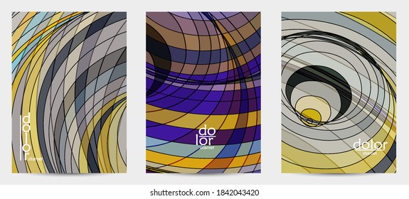 Abstract vector flyer template with futuristic multicolored wire frame geometric shapes. 3D mesh digital science model concept. Web technology cover design. Wavy lines and grid texture.