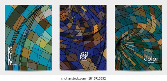 Abstract vector flyer template with futuristic multicolored wire frame geometric shapes. 3D mesh digital science model concept. Web technology cover design. Wavy lines and grid texture.