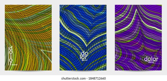 Plantilla de volante de vector abstracto con formas geométricas futuristas multicolores de marco de alambre. concepto de modelo de ciencia digital en malla 3D. Diseño de portada de tecnología web. Líneas onduladas y textura de cuadrícula.