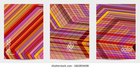 Abstract vector flyer template with futuristic multicolored wire frame geometric shapes. 3D mesh digital science model concept. Web technology cover design. Wavy lines and grid texture.