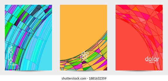 Abstrakte Vektorflyer-Vorlage mit futuristischen, mehrfarbigen Drahtrahmen-geometrischen Formen. 3D-Mesh-Digital-Science-Modell-Konzept. Design der Webtechnologie Wavy Linien und Gitterstruktur.