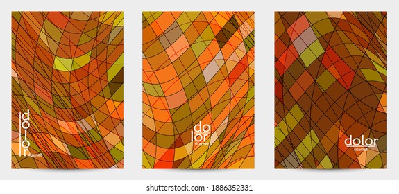 Abstract vector flyer template with futuristic multicolored wire frame geometric shapes. 3D mesh digital science model concept. Web technology cover design. Wavy lines and grid texture.