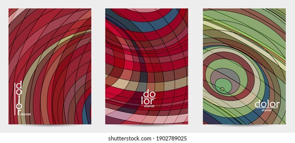 Abstract vector flyer template with futuristic multicolored wire frame geometric shapes. 3D mesh digital science model concept. Web technology cover design. Wavy lines and grid texture.
