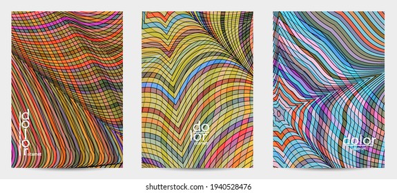 Abstract vector flyer template with futuristic multicolored wire frame geometric shapes. 3D mesh digital science model concept. Web technology cover design. Wavy lines and grid texture.