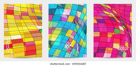Abstract vector flyer template with futuristic multicolored wire frame geometric shapes. 3D mesh digital science model concept. Web technology cover design. Wavy lines and grid texture.