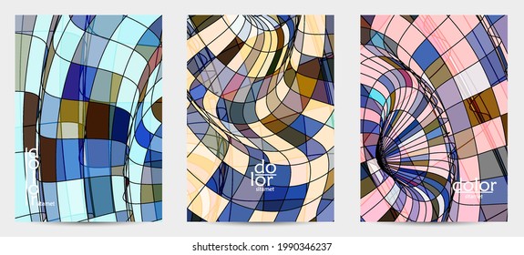 Abstract vector flyer template with futuristic multicolored wire frame geometric shapes. 3D mesh digital science model concept. Web technology cover design. Wavy lines and grid texture.