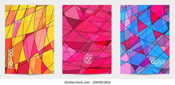 Abstract vector flyer template with futuristic multicolored wire frame geometric shapes. 3D mesh digital science model concept. Web technology cover design. Wavy lines and grid texture.