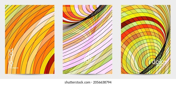 Abstract vector flyer template with futuristic multicolored wire frame geometric shapes. 3D mesh digital science model concept. Web technology cover design. Wavy lines and grid texture.