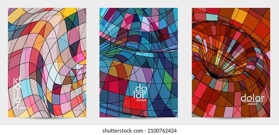 Plantilla de volante de vector abstracto con formas geométricas futuristas multicolores de marco de alambre. concepto de modelo de ciencia digital en malla 3D. Diseño de portada de tecnología web. Líneas onduladas y textura de cuadrícula.