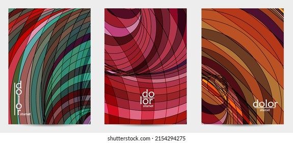 Abstract vector flyer template with futuristic multicolored wire frame geometric shapes. 3D mesh digital science model concept. Web technology cover design. Wavy lines and grid texture.