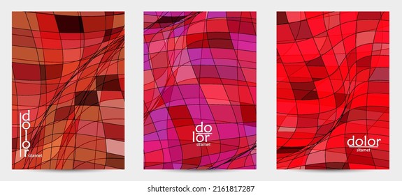 Abstract vector flyer template with futuristic multicolored wire frame geometric shapes. 3D mesh digital science model concept. Web technology cover design. Wavy lines and grid texture.