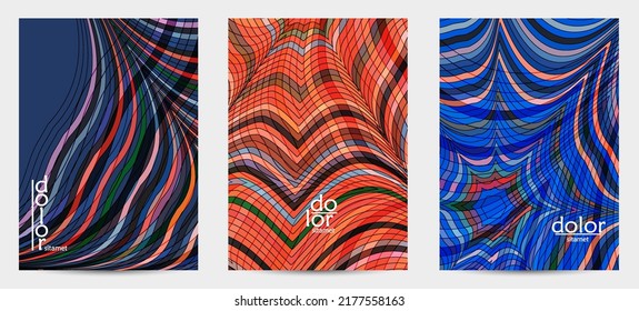 Abstract vector flyer template with futuristic multicolored wire frame geometric shapes. 3D mesh digital science model concept. Web technology cover design. Wavy lines and grid texture.