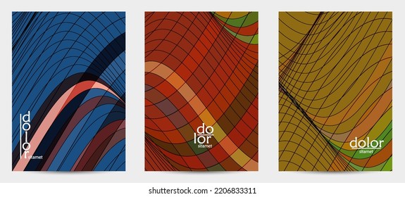 Abstract vector flyer template with futuristic multicolored wire frame geometric shapes. 3D mesh digital science model concept. Web technology cover design. Wavy lines and grid texture.