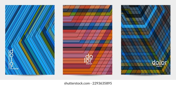 Plantilla de volante de vector abstracto con formas geométricas futuristas multicolores de marco de alambre. concepto de modelo de ciencia digital en malla 3D. Diseño de portada de tecnología web. Líneas onduladas y textura de cuadrícula.