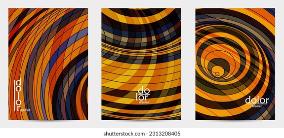 Abstract vector flyer template with futuristic multicolored wire frame geometric shapes. 3D mesh digital science model concept. Web technology cover design. Wavy lines and grid texture.