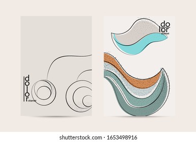 Abstract vector flyer template with hand drawn fruits grunge textured. Flat colored food concept illustration. Healthy eating brochure layout. Line art fruit logo design. Curvy wavy lines.