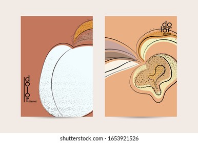 Abstract vector flyer template with hand drawn fruits grunge textured. Flat colored food concept illustration. Healthy eating brochure layout. Line art fruit logo design. Curvy wavy lines.