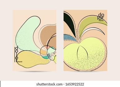 Abstract vector flyer template with hand drawn fruits grunge textured. Flat colored food concept illustration. Healthy eating brochure layout. Line art fruit logo design. Curvy wavy lines.